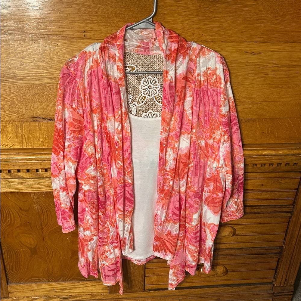 Kim Rogers Pink Abstract Floral Waterfall Cardigan 3/4 Sleeve Lace Detail Back